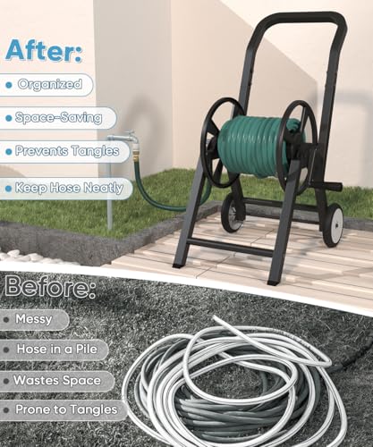 Artigarden Garden Hose Reel Cart with Wheels, Holds 165 ft of 5/8’’ Hose Outdoor Heavy Duty Powder-coated Steel Water Storage Holder Rack with 3.9 Ft Leader Hose for Outside Lawn Yard, Black
