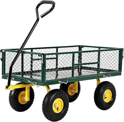 900 Lb Capacity Heavy Duty Steel Garden Cart – 2-in-1 Utility Wagon with Removable Mesh Sides, 10" All-Terrain Tires, Flatbed Conversion, 180° Rotating Handle – Perfect for Lawn, Garden & Backyard - color: Green