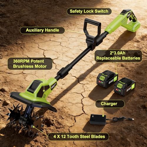 Cordless Tiller Cultivator, 21V Lightweight Tiller for Gardening with 2 * Batteries, Brushless Electric Tiller with 48 Steel Tines, 400RPM, 9.5" Tilling Width, 7" Depth for Gardening, Soil Turning