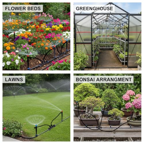 230FT Garden Irrigation System with 40 Nozzles & Emitters, Automatic Watering System with 1/2" & 1/4" Tube and Barbed Fittings, for Raised Beds, Greenhouse, Lawn - size: 230 FT - 33 FT 1/2" Tubing + 197 FT 1/4" Tubing