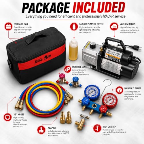 XtremepowerUS 3CFM 1/4HP Vacuum Pump HVAC R134a, R12, R22, R410a, A/C Refrigeration R134 Can Tap Adapter, R134 Quick Connector AC Manifold Gauge Air Conditioner Oil Bottle w/Bag - size: 3 CFM