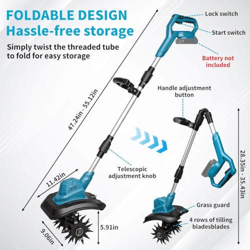 Tiller Cultivator Compatible with Makita 18V Battery (Tool Only),500 RPM Cordless Brushed Garden Rototiller,9’’ W× 7’’ D Electric Soil Rototiller,Foldable Soil Tilling Tool for Gardening/Soil Turning