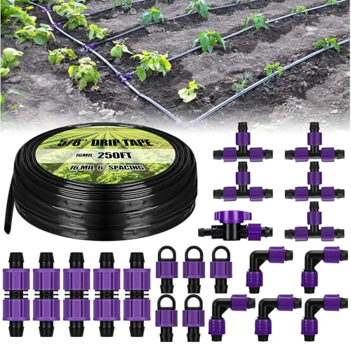 Tondiamo 250' 5/8 Inch Drip Tape Irrigation Tubing Kit 16 Mil 6" Spacing Garden Hose Watering Tube Line Automatic Equipment for Garden Irrigation System Farms, Landscape, Lawn - size: 250', 16 Mil