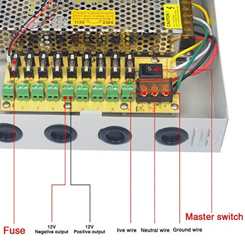 9 Channel/Port 10 AMPS, 12V DC Power Supply Box, Individually Fused for CCTV, LED, and All 12v DC Devices. Includes Screw Drivers & Extra fuses (9CH 10 AMP) - size: 9CH 10 AMP