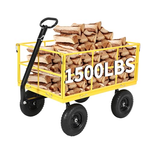 Heavy Duty 1500 lbs Steel Garden Cart, 3-in-1 Outdoor Utility Wagon with Removable Mesh Sides, 13" All-Terrain Wheels, 180° Rotating Handle for Lawn, Backyard, Farm & Gardening - color: Yellow