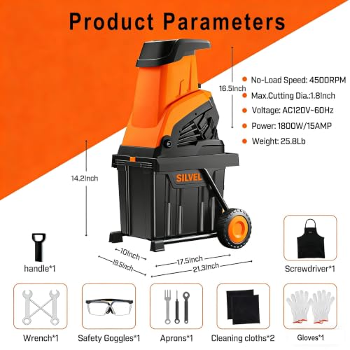 SILVEL Wood Chipper Shredder, 1800W Cutting Diameter of 1.77 inch with 10 Gallon Large Collection Bin, 15-Amp Electric Wood Chipper Shredder for Quick Cleanup, Branches, Garden Waste, Amber - size: Orange