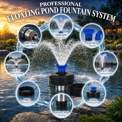 1HP Farm Pond Fountain Pump 15000 GPH with Timer, 100FT Cord