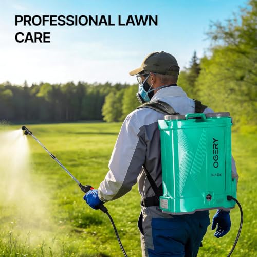 OGERY Battery Powered Backpack Sprayer 4 Gallon, 2.6Ah 21V Battery with 6 Nozzles, Telescopic Stainless Steel + Plastic Wand for Lawn Garden Weed Yard Cleaning (Charger Included) - color: Dark Green