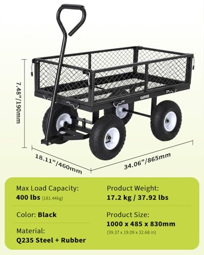 Heavy Duty 400 lbs Steel Garden Cart – Utility Wagon – 10" All-Terrain Pneumatic Tires – Removable Mesh Sides, Waterproof Liner – Perfect for Lawn, Yard, Farm, Gardening – Black, Bunnings - color: Black