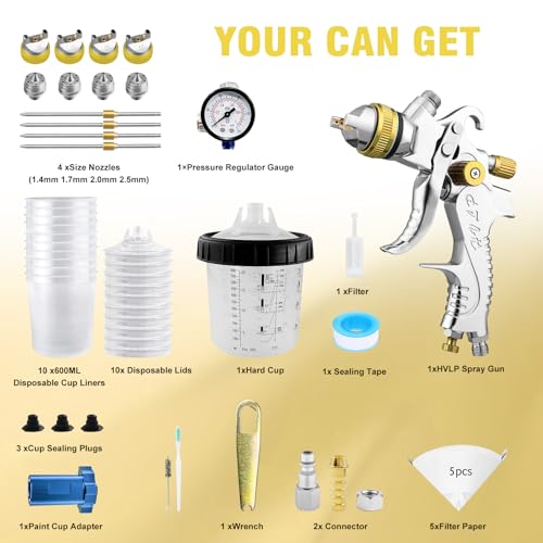 HVLP Spray Gun Kits, 1.4/1.7/2.0/2.5mm Nozzles with 650ml Mixing Cup & 10x Disposable Cups, Air Regulator, Paint Gun Automotive Gravity Feed Kit Cars Paint Gun, Furniture, Fence, DIY (Gold) - color: Gold