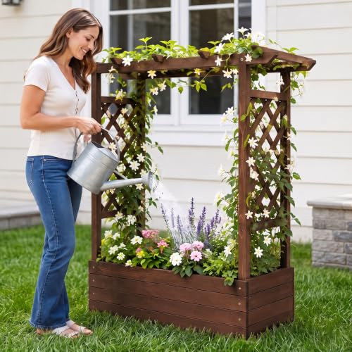 VINGLI 45 in Raised Garden Bed with Trellis & Hanging Roof, Wooden Elevated Planter Box with Drainage Holes for Outdoor Climbing Plants Vegetables Flowers, Patio Yard Balcony (Carbonized Wood, Medium)