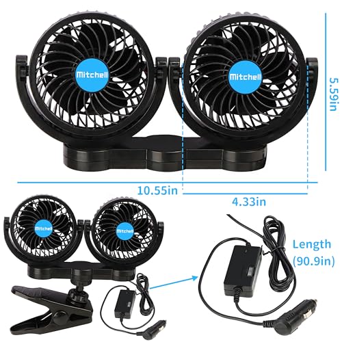 Alagoo 12V Car Fan, Adjustable 4 Inches Dual Head Car Clip Fan for Front/Rear Seat Passenger, 360° Rotatable Cars Fans with Stepless Speed Regulation for Car/Vehicle SUV, RV - color: Cigarette Dual Fan - Clip