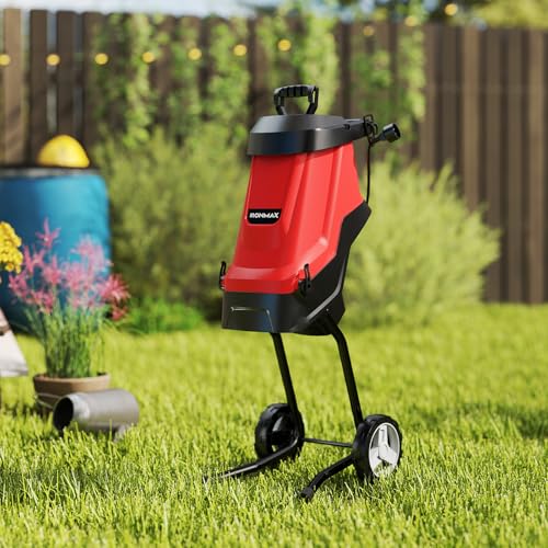 15 Amp Electric Wood Chipper Shredder, Corded Wood Mulcher Shredder with Plunger, Collection Bag & 15:1 Reduction, Garden Shredder with Wheels for Branches, Leaves, Waste(Red)
