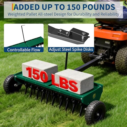 48'' Tow Behind Plug Aerator, Heavy Duty Pull Behind Plug Aerator with Universal Hitch, 3 in Spikes and Inflatable Wheels for Gardens, Lawns, Farms, Green - color: Green