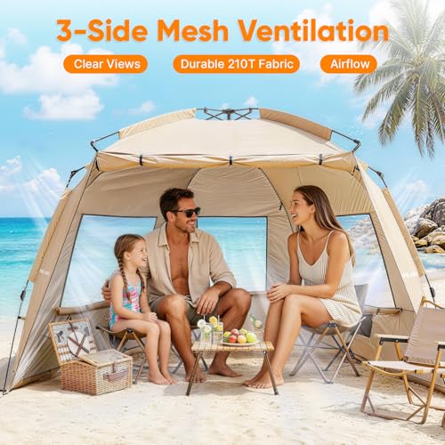 Golabs BT1 Pop up Beach Tent for 3 Person, 1-Min Setup by Pre-Attached Pole - color: CAMEL