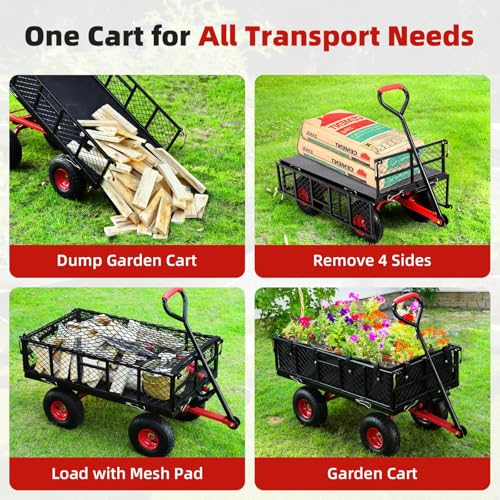 Heavy Duty Steel Garden Dump Cart, 880LBS Meatl Utility Wagon with Removable Sides & 180° Rotating Handle, Utility Dump Cart with 10-Inch All Terrain Wheels for Yard Lawn and Farm