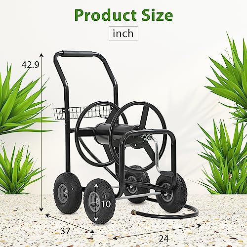 FDW Garden Hose Reel Cart, Water Hose Cart with 4 Wheels, Hold Up to 300 ft of 5/8’’ Hose,Heavy Duty Powder-Coated Steel Planting with Storage Basket, for Garden, Yard and Lawn - color: Black
