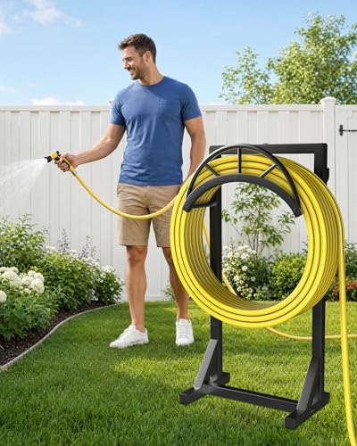 Garden Hose Holder, Metal Water Hose Storage Stand Hanger, Freestanding Water Hose Organizer Rack with 2 Tool Hooks for Outdoor Yards, Farms and Lawns, Black