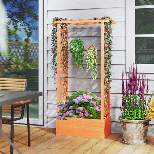 S AFSTAR Raised Garden Bed with Trellis, Wood Planter Box with Hanging Roof & Drainage Holes for Climbing Plants, Vines, Flowers & Vegetables, Indoor Outdoor Plant Container for Patio & Yard - size: 31"L x 14"W x 60"H