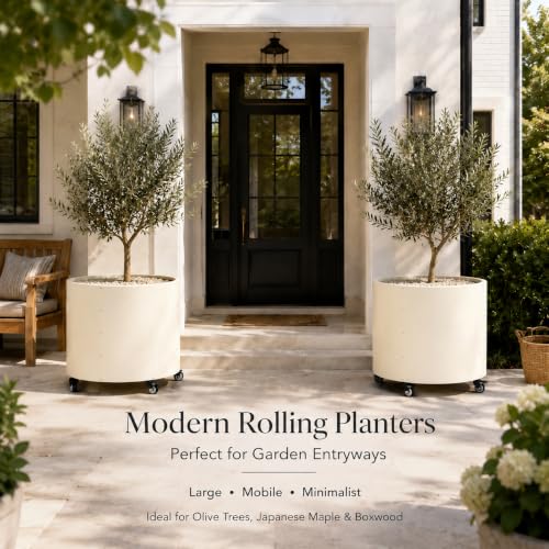 2 Pack Rolling Planter for Tree,30 Gallon Large Metal Tree Pots for Outdoor - color: White
