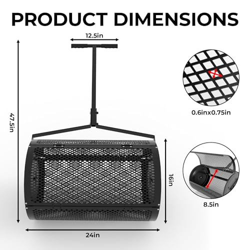 24 Inch Compost Spreader, Heavy Duty Lawn Fertilizer Spreader with Adjustable Handle, Easy-Open Metal Mesh Drum for Peat Moss Topsoil Manure Mulch, Rust-Proof Garden Tool
