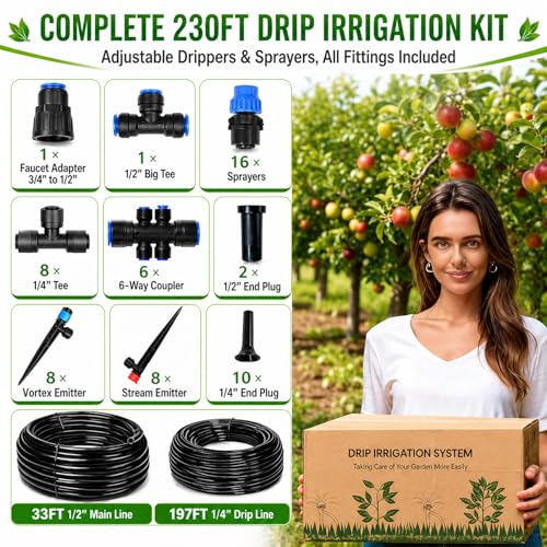 230FT Drip Irrigation System Kit, Quick Push-to-Connect Auto Garden Watering Irrigation System with 33FT 1/2'' & 197FT 1/4'' Tubing, Adjustable Dripper Sprayers for Raised Bed, Lawn, Greenhouse - size: 230FT