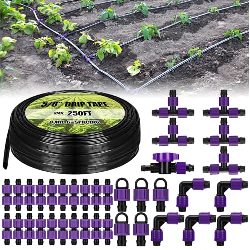 Tondiamo 250' 5/8 Inch Drip Tape Irrigation Tubing Kit 8 Mil 6" Spacing Garden Hose Watering Tube Line Automatic Equipment for Garden Irrigation System Farms, Landscape, Lawn - size: 250', 8 Mil