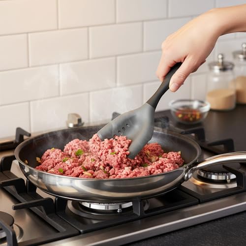 2-in-1 Mincing Spatula Meat Chopper & Potato Masher, Premium Heat Resistant Ground Beef Smasher Hamburger Grinder with Perforated Design, Silicone Non-Stick for Cooking - Black - size: 11 x 2 inches