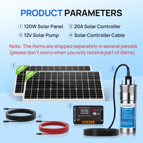 ECO-WORTHY 200W Solar Well Pump Kit, 12V Stainless Steel Deep Well Solar Pump, 2pcs Solar Panels with Controller and Cable for Off-grid Living, Irrigation, Farm, Delivered in Multiple Packages - style: 12V 230FT 3.2GPM Kit