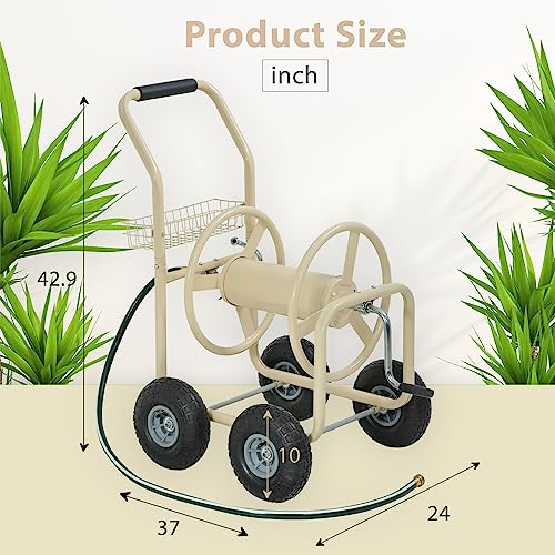FDW Garden Hose Reel Cart, Water Hose Cart with 4 Wheels, Hold Up to 300 ft of 5/8’’ Hose,Heavy Duty Powder-Coated Steel Planting with Storage Basket, for Garden, Yard and Lawn - color: Tan