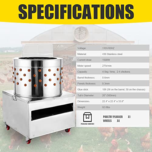 20'' Stainless Steel Chicken Plucker Machine, Plucking Machine De-Feather 1500W 275R/min, Fowl Food Processor Electric, FPPS-JQTMJ-50ZJ0