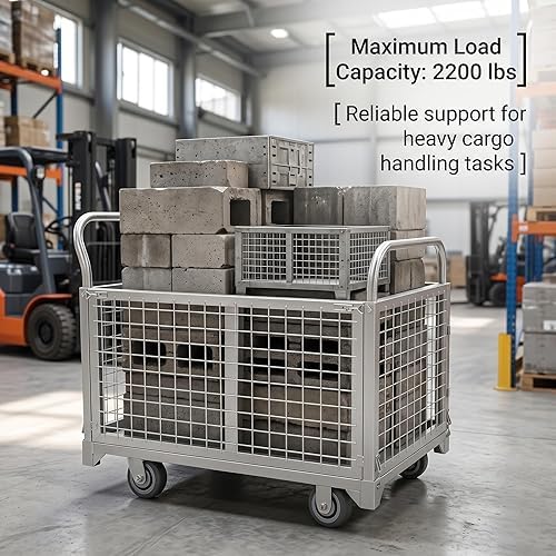 2200 LBS Heavy Duty 4-in-1 Folding Wire Mesh Cage Cart, Steel Platform Truck with Removable Guardrails for Warehouse, Industrial, and Home Use