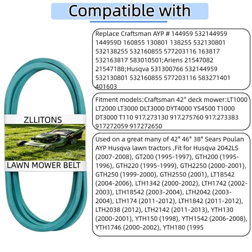144959 Deck Belt (1/2" x 95") 532144959 Replacement for Craftsman LT1000 - size: 4L-950(144959)Green