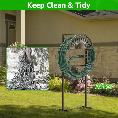 Garden Hose Holder with Faucet Holds 150-Feet Hose for Outside 4 Spikes - color: Bronze With Faucet