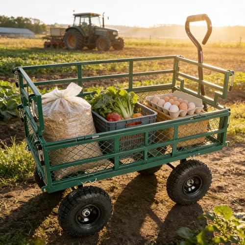 Heavy Duty Steel Garden Cart, Metal Utility Wagon Cart with Inflatable Tires and Pull Handle, 2-in-1 Convertible Flatbed Wagon with Double-Deck Detachable Side for Farm, Garden, Yard, Green - color: Green