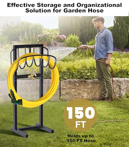 Artigarden Outdoor Garden Hose Holder Freestanding with Brass Faucet And 4 Spikes, Heavy Duty Metal Water Hose Reel Stand Hanger Rack Organizer Holds Storage 150ft Hose for Outside Yard Lawn, Black - style: Wave Style with Faucet