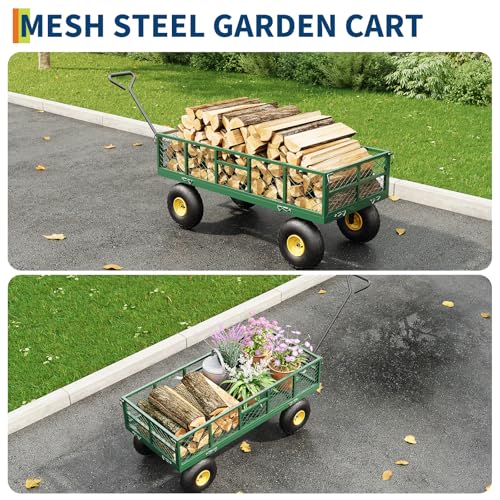 Garvee 900 lbs Steel Garden Dump Cart with Removable Sides, Convert to Flatbed, Heavy Duty Yard Cart with 180°Rotating Handle & 10" All Terrain Wheels, Utility Dump Wagon for Lawn Farm Backyard - color: Green