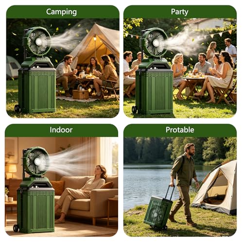 Portable Misting Fan with 30L Bucket, 30000mAh Rechargeable Battery Powered, 12Hrs Mist Rechargeable Fans, 4 Strong Winds, 4 Spray Mister, 3 Lighting Settings for Outdoor, Camping, Patios - color: Green