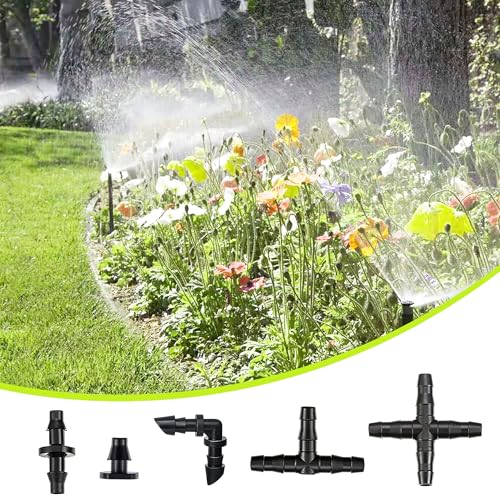 Dianrui 220 PCS Drip Irrigation Kit, Drip Irrigation Parts 1/4'' Tubing Fittings Kit for Garden Lawn Flower Sprinkler Systems-End Plug/ 4-Way Connector/Single barbs/Straight Barbs/Oblique Barbed Tees - style: TypeC