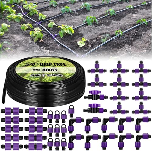 Tondiamo 500' 5/8 Inch Drip Tape Irrigation Tubing Kit 16 Mil 6" Spacing Garden Hose Watering Tube Line Automatic Equipment for Garden Irrigation System Farms, Landscape, Lawn - size: 500', 16 Mil