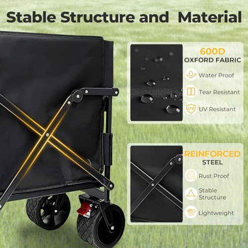 Collapsible Foldable Wagon Cart with Wheels 240L Capacity Folding Sports Wagons, 560LBS Load Large 3-in-1 Grocery Heavy Duty Carts for Sand, Beach, Camping, Fishing - color: Black