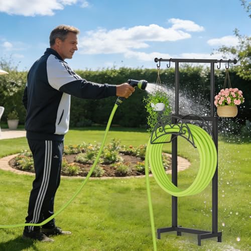 Garden Hose Holder with Telescopic Pole, Upgraded Heavy Duty Hose Stand Holds 150ft with 4 Spikes, Freestanding Metal Hose Storage and Hanger for Outside Yard Lawn Farm, Black