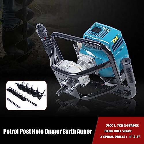 52CC 2.3HP 2-Stroke Gas Power Earth Auger Post Hole Digger with 4" and 8" Spiral Drill Bits and 12inch Extension Bar,Heavy Duty Earth Auger Air-Cooled Engine,For Into Ground, Fences, and Shrubs