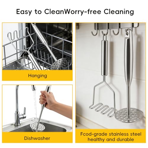 2 Pack Stainless Steel Potato Masher Set, Non-Slip Handle for Potato Puree | Heavy Duty Wave & Round Masher Set,for Avocado & Homemade Baby Puree,Dishwasher Safe