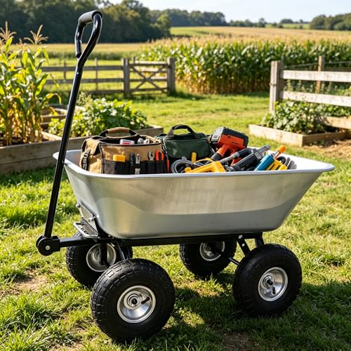 Garden Cart with 10'' Pneumatic Tires for Outdoor Folding Dump Cart with 55L Steel Frame Poly Tray 300LBS Capacity Heavy Duty Rolling Cart for Gardening Yard Work