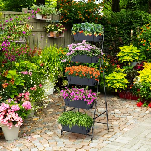 Raised Garden Bed 5 Tier Vertical Planter Standing Herb Garden Elevated Box With Drainage Holes Tall Planters for Outdoor Plants Vegetables Flowers Grey - color: Gray