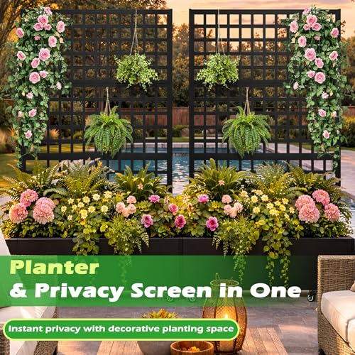 Metal Raised Garden Bed with Slatted Trellis and Wheels, 43” L x 16” W x 71” H Privacy Screen for Climbing Plants, Metal Planter Box with Drainage Holes (Black -Grid Trellis) - color: Black -Grid Trellis