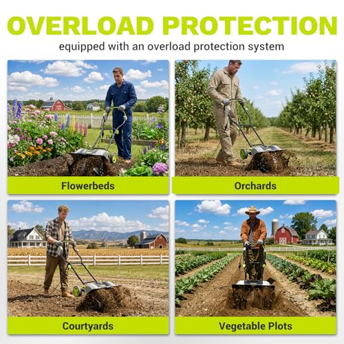 Cultivator Tiller for Gardening:18 Inch Electric Tiller with 6 Steel Tines, Corded 15 Amp Garden Rototiller for Soil Digging with Adjustable Wheels DEKOPRO