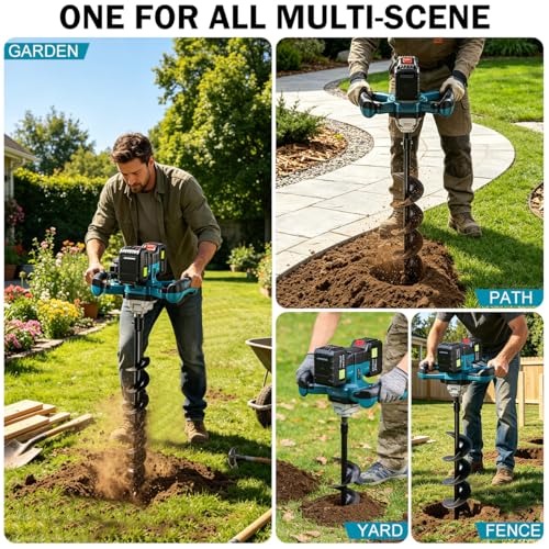 Auger Post Hole Digger,Post Hole Auger,Electric Earth Auger,Includes 2 Drill bit.Two Batteries and Dual-Port Fast Charger,Forward/Reverse Function,for Post Hole Digging,Drilling,Tree Planting - size: 4″+ 6″