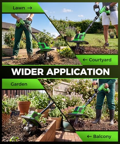 Cordless Tiller Cultivator, 360 RPM Tiller for Gardening with 2 x 21V 4.0Ah Batteries & Charger, 48 Steel Tines, 9” Tilling Width & 7” Depth for Lawn, Garden & Soil Cultivation